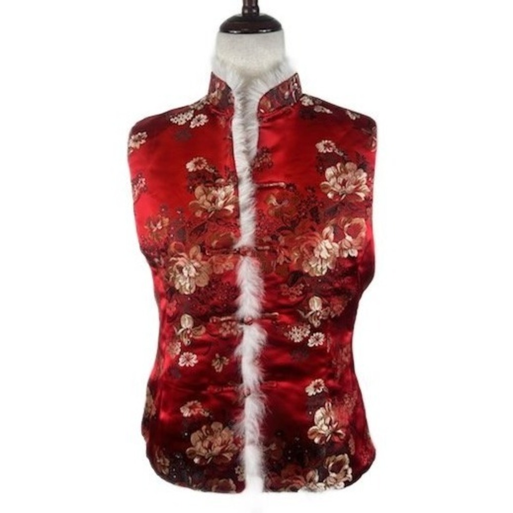 Red Satin Floral Vest Size XL Asian Style Faux Fur Trim Brocade Holiday